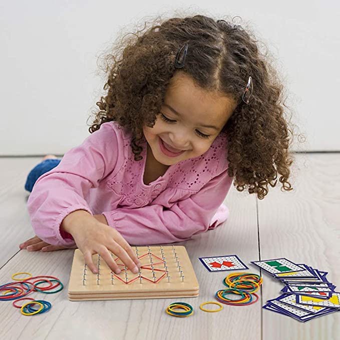 Geometry Board Wooden Set features Wooden Geometric Shapes, providing a valuable learning tool for infants to develop their imagination and understanding of geometric shapes. This set also promotes the development of excellent motor skills in children.
