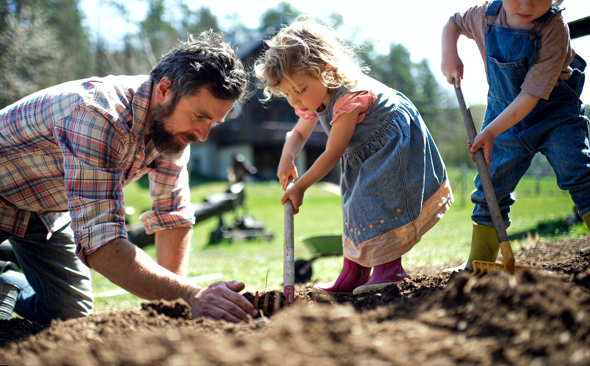 Father with small children working outdoors in garden, sustainable lifestyle concept